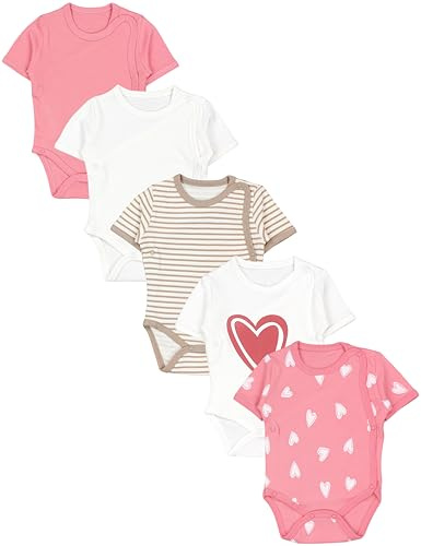 TupTam Baby Body Mädchen 5er Set – Kurzarm Wickelbody aus Baumwolle mit Print, Atmungsaktiv und Hautfreundlich, Farbe: Herzen Aprikot Ecru Hellbeige, Größe: 56