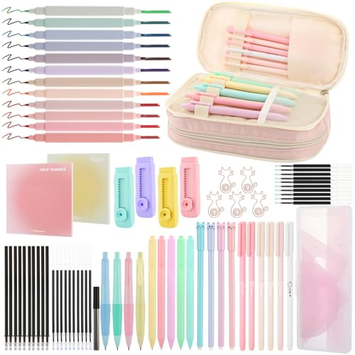 Halinuia 78 Stück Schulsachen Sauberes Mädchen mit Mäppchen, Gelstift, Pastell Textmarkern, Druckbleistift, Bleistiftmine, Minen, Radiergummi, Lineal, Büroklammer Sticky Notes für Teenager(Rosa)