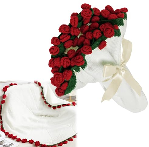 YuLiMirich Flower Bouquet Blanket - 110x110cm Fertige Handmade Crochet Rose Blanket, Gehäkelte Rosendecke, Dehäkelte Blumen Decke, Weich und Leicht, Geburtstag, Heimdekoration - Rote