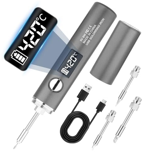 ANTREATU Kit saldatore senza fili ricaricabile con display a LED, 5 impostazioni di temperatura da 260 °C a 420 °C, set di saldatore wireless USB-C, include 3 punte per elettronica fai da te e
