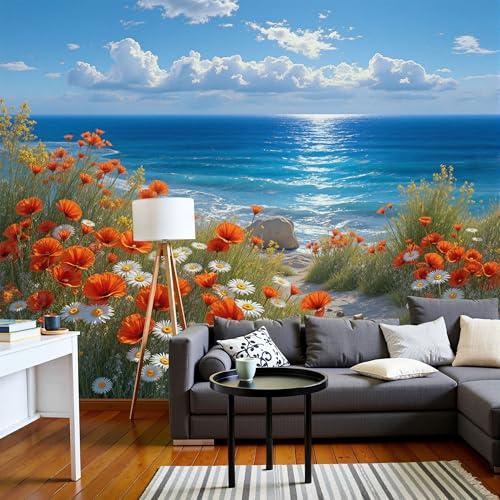 JEDTAKCT 3D Papier Peint Coquelicots Marguerites Plages Ciel Bleu Papier Peint Panoramique Pour Salon Chambre Salon Mural Fresque Poster Xxl Paysage Naturel Fond Décoration Murale 250X175Cm (L X H)
