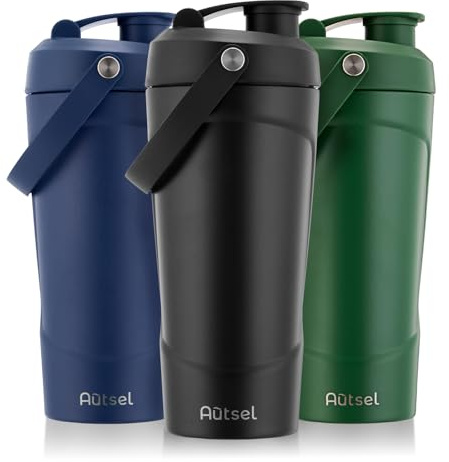 Autsel Protein Shaker, 750ml Stainless Steel Shaker Bottle for Fast | Clump-Free Mixing, Insulated Metal Protein Shaker Cup with MixBall and Handle, Leak-Proof & BPA Free, Black