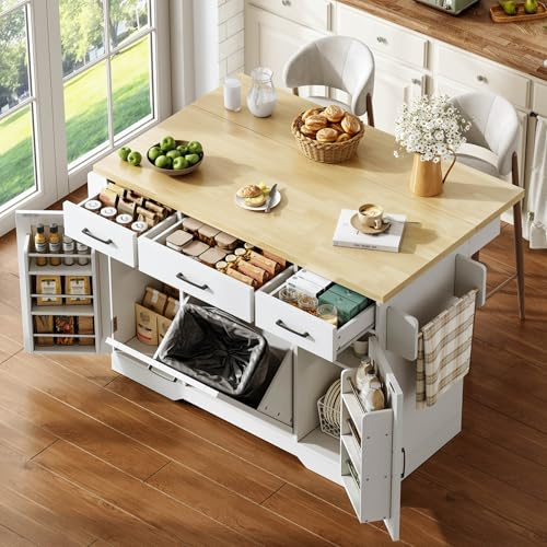Ktipm Isla Cocina con Ruedas y Encimera Plegable, Mueble Auxiliar de Cocina con Contenedor de Basura y 3 Cajones, Isla de Cocina con 2 Puertas y Toallero, 137x45-70x87 cm, Natural+Blanco