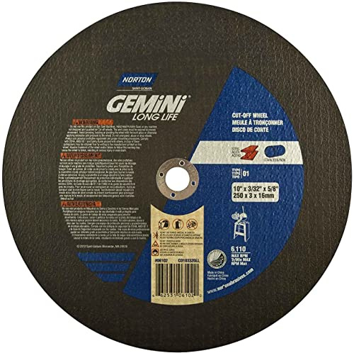 Norton Gemini Long Life Large Diameter Reinforced Abrasive Cut-Off Wheel, Type 1 Flat, Aluminum Oxide, 5/8 Arbor, 10 Diameter x 3/32 Thickness (Pack of 10)