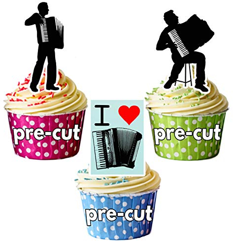 I love AKKORDEON und Akkordeon Spieler Mix Essbar Stand-up Cupcake Topper (Pack von 12)