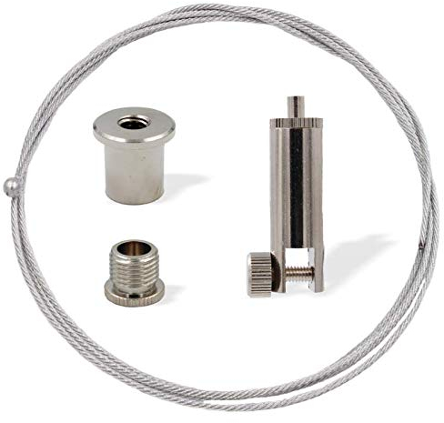 Abhängeset für Displays, Hinweisschilder, Firmenschilder, Werbeschilder | Deckenbefestiger, Schraubkappe Displayhalter/Drahtseilhalter, Drahtseil Ø1,5mm, Länge 3000mm