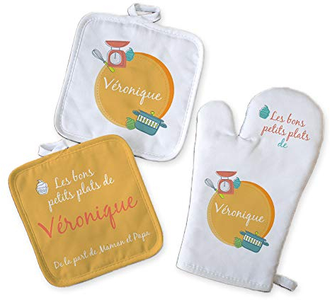 CADEAUX.COM Kit Cuisine - Gant, Maniques et Tablier Personnalisables - Bon petit Plat