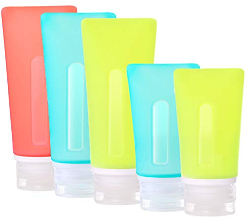 JasCherry Silikon Reiseflaschen Set mit Tasche de Speichern - 5 Stück Reisen Flaschen für Shampoo/Spülung/Duschgel/Cremes - BPA-frei und TSA genehmigt, Kein Auslaufen (89 ml und 60ml)