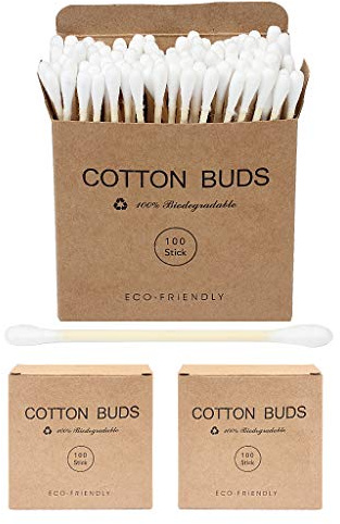 SWKJ Bamboo Cotton Buds, 200 PCS (2 x 100) Cotton Ear Buds Swabs | with Bamboo Handle - Eco-Friendly, Recyclable and Biodegradable Cotton Swabs for Cleaning Ear Makeup Wound