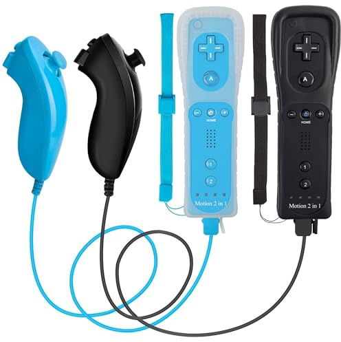 Lot de 2 télécommandes Nunchuck Wii avec Motion Plus compatibles avec la console Wii & Wii U | Télécommande Wii avec fonction choc (noir + bleu)