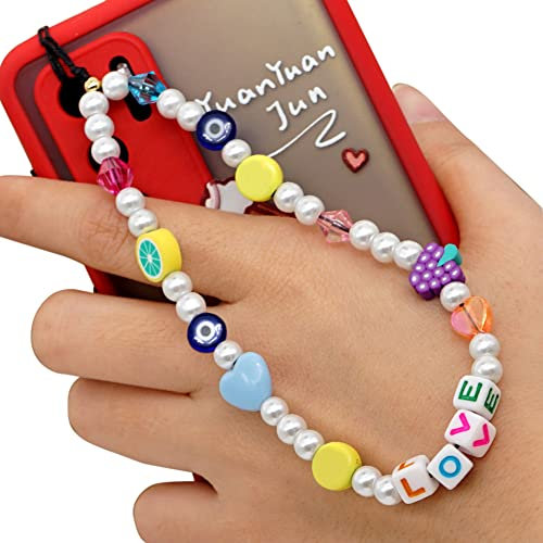 Herbests Handykette Perlen Handyanhänger, Böhmische Bunte Perlen Telefon Kette Strap Acryl Lächeln Stern Perlen Handy Lanyard Telefon Anhänger Universale Lanyard Handy Schmuck Hängen Chian für Frauen
