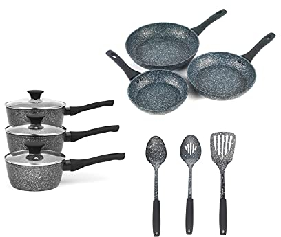 Salter COMBO-7549A Megastone Collection 3-Piece Fry Pan Set, 3-Piece Saucepan Set and 3-Piece Utensil Set, 100% PFOA Free, Perfect for Family Cooking & Students