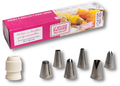 SIF UNIS France © - Douilles pâtisserie en acier inoxydable grand format avec 50 poches jetables – ustensiles pâtisserie gâteau cuisine, accessoire cake design professionnel