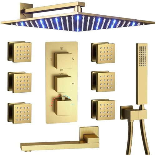 KATAIS Full Body Rain Thermostatic Shower System with Tub Spout, Brushed Gold Shower Faucet Set 4 Way Bathtub Shower Set with Wall Mounted LED 12 Shower Head and handle Set, 6 pcs Body Jets