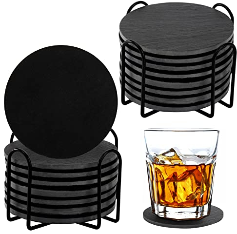 Dicunoy Untersetzer 16er Set, 10cm runde Getränkeuntersetzer mit Haltern,rustikale Schwarze Marmoruntersetzer im Bauernhausstil,Schieferuntersetzer für Bar, Küche, Couchtischdekor, Einweihung