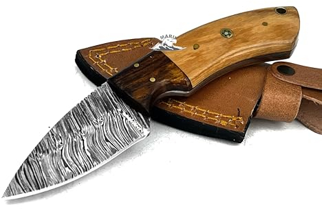 Maru Knives Coltello Artigianale Skinner in Acciaio Damasco Manico Legno Lama Fissa-Coltello da Caccia Coltello da Collezione-Coltello Bushcraft