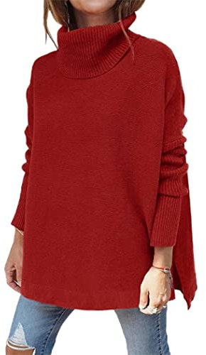 Rayson Suéter de Cuello Alto Mujer Jersey de Punto Casual de Color Sólido Jersey de Cuello Vuelto Manga Larga Caliente en Invierno（Burdeos,XL
