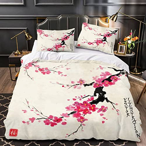 Woowin Housse de Couette Fleurs De Cerisier 200x200 Imprimé en 3D Style Japonais Parure De Lit 2 Personnes Microfibre avec Fermeture Éclair 3 pièces Ensemble de Literie 2 Taies d'oreiller 50x75cm