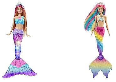 Barbie HDJ36 - Malibu Zauberlicht Meerjungfrau Puppe (30 cm, Blonde Haare), ab 3 Jahren & GTF89 - Dreamtopia Regenbogenzauber Meerjungfrauen-Puppe von 3 bis 7 Jahren