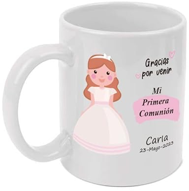 Taza Personalizada con nombre y fecha. Regalo Original para comunión. Gracias por venir. Mi primera comunión. Capacidad 350 ml. (Comunión niña)