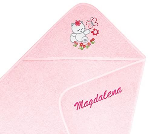 Lashuma Besticktes Babyhandtuch mit Namen, Rosa mit Kapuze, 75x75cm Mädchen Handtuch im Katzen Motiv