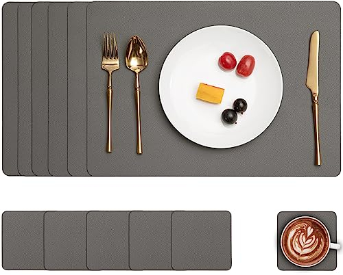Myir JUN Tischsets Abwaschbar und Untersetzer, Platzset Leder Platzdeckchen Abwaschbar Doppelseitigen Tischsets Umkehrbares Tischset rutschfest Tischset Lederoptik (Grau, Satz von 6)