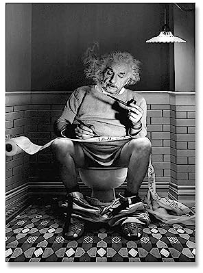 Einstein assis sur les toilettes lecture journal affiche noir blanc toile peinture mur Art photos for salon décor à la maison (Color : A, Size : 60x90cm No Frame)