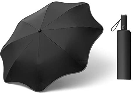 QIUNI Paraguas automático redondeado grande plegable parasol parasol protección UV lluvia y sol, Negro