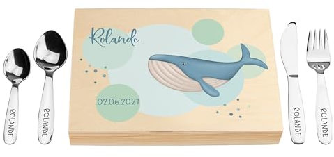 LAUBLUST Couverts pour Enfants gravés - Coutellerie dans boîte en Bois imprimé, Naturelle - Couverts avec prénom | Cadeau de baptême pour Enfants | Couverts de Table en INOX (Baleine)