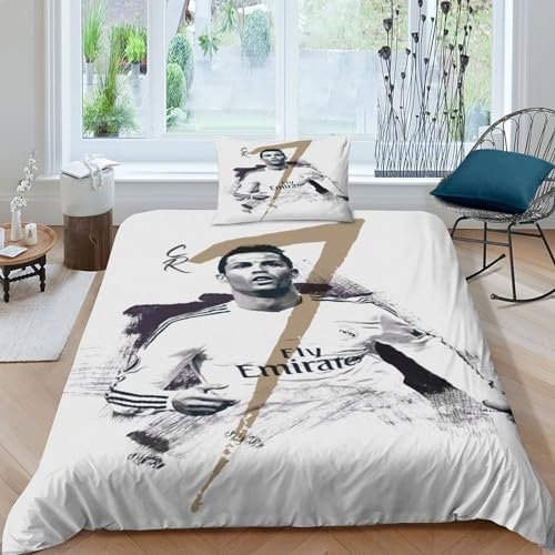 REIPOL Ronaldo 3D Gedruckter Fußball Bettwäschegarnitur Bettbezug Set Für Kinder Mädchen Jungen Weich Microfaser Und Kissenbezüge Bettwäsche Reissverschluss 2 Stücke Single(135x200cm)