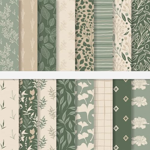 JarThenaAMCS 32 Blatt 15,2 x 15,2 cm Salbeigrün Blumenmuster Papier Grün Eukalyptus Blätter Doppelseitiges Handwerk Scrapbook Spezialpapier für DIY Kartenherstellung Fotoalbum Journal Dekor