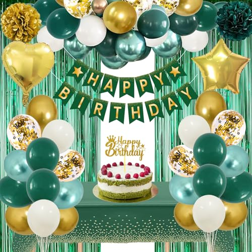 GYESXYW Geburtstagsdeko, Smaragd Grün Gold Party Deko Set mit Happy Birthday Banner Konfetti Luftballons Geburtstag Tischdecke Vorhang Pompons für Mann Frauen Junge Mädchen Geburtstag Dekorationen