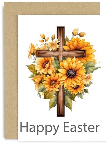 Religiöse Osterkarte, christliche Grußkarte, Motiv: Sonnenblumenkreuz, Blatt-Design, Sonnenblumenkunst, Ostergeschenk für Mutter, Vater, Großeltern, Enkelin, Enkel, blanko innen