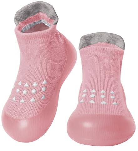 Aisprts Chaussons Enfant, Chausson Chaussette, Chaussures Premiers Pas Chaussette Antiderapante Unisexe Bebe Antidérapantes avec Semelle en Caoutchouc Souple, Rose, 18-24 Mois