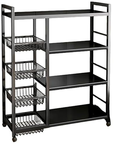GAOCUNBING Étagère de Rangement Robuste en métal à 4 Niveaux avec roulettes, Hauteur réglable de 5 cm, Cadre d'étagères de Rangement en métal avec roulettes pour Cuisine de Garage Black,120cm