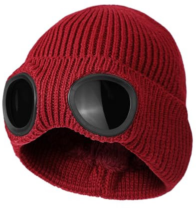 TAGVO Winter Warme Strickmütze, Winddichte Thermo Weiche Fleecefutter Skifahren Wandern Laufen Mütze mit Abnehmbarer Schutzbrille, Slouchy Thick Skull Cap für Männer Frauen Erwachsene Outdoor Sport
