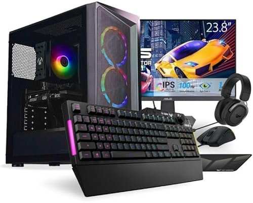 AlphaSync Prebuilt Gaming PC Bundle - AMD Ryzen 5 5600, 16GB DDR4 RAM, 1TB SSD, NVIDIA GeForce RTX 4060 8GB, Windows 11 Home - CiT Raptor Keyboard, Mouse, Headset, Mouse Pad & ASUS 24-inch Monitor