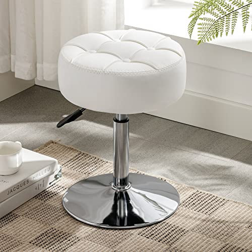 LUE BONA 360° Drehbarer Schminktisch Hocker, Höhenverstellbar Schminkhocker, Sitzhocker aus Kunstleder mit Knopfgepolstertes Design, Weiß