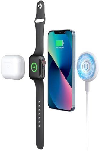 Callstel Qi Ladegerät: Kabelloses 3in1-Ladepad, Qi- & MagSafe-kompatibel, 15 W, 60 cm, weiß (iPhone Ladestation MagSafe, Ladegerät mit Magnetkraft, Uhr)