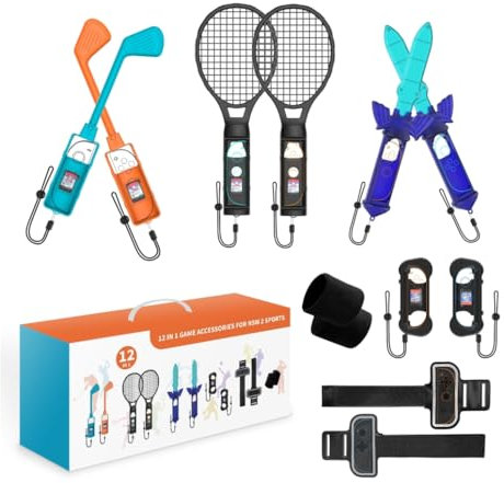 Aceshop 12 in 1 Accessori Switch 2 Sports, Kit di Accessori per Giochi Sportivi per Switch 2 Kit di Accessori con racchette da tennis Mazze da golf Cinghie per polsi e gambe con spada Skyward