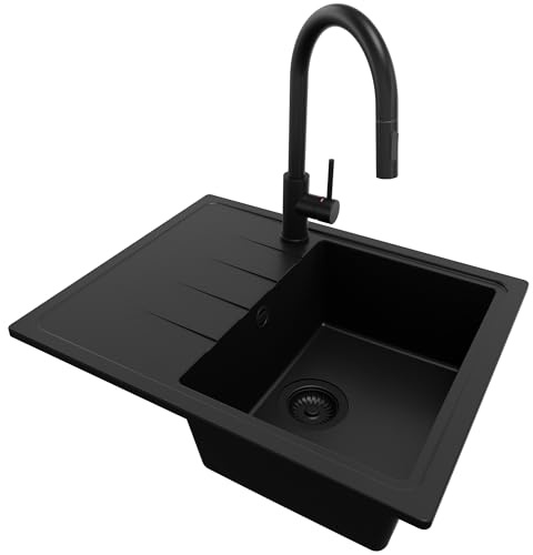 PRIMAGRAN Granitspüle ab 40er Unterschrank + Küchenarmatur, 62x50cm | Set: Küchenarmatur BW9010 + Ablauf-Set (Siphon, Ablaufgarnitur, Überlauf) + Spülbecken 1 Becken - Mailand, Alles Schwarz