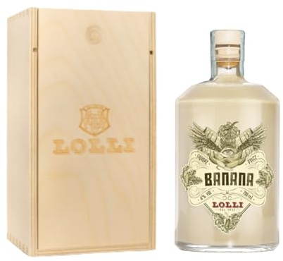 LOLLI - Liquore artigianale, bottiglia limited edition, liquore alla banana, cofanetto in legno. Bottiglia da 500 ml. 16% vol. (500 ml, Banana)