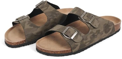 PERLETTI Sandalias Hombre Verano Cómodas - Zapatillas de Estar por Casa con Doble Hebilla Regulable - Sandalias Planas Hombres Plantilla en Cuero Auténtico Fantasia Mimética (Verde Camuflaje, 41)