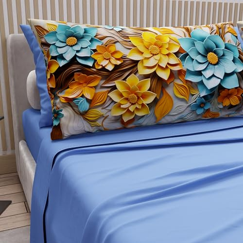 PETTI Artigiani Italiani - Bettwäsche aus Baumwolle mit Kissenbezügen mit Digitaldruck, Bettlaken für französisches Bett, Bettwäsche-Set für französisches Bett, Blumen 16 Hellblau, 100% Made in Italy