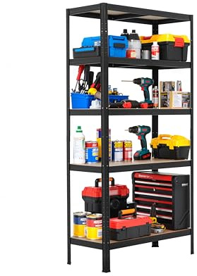 REQUISITE NEEDS 5 Tier Heavy Duty Garage Shelving Units 875kg Capacity 1.8M, Black, 90x40x180cm Shed Storage Racking Shelf Metal Boltless 175kg Per Shelf for Warehouse Workshop Office