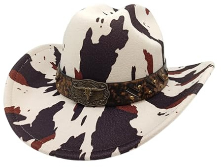 ZEPFJHE Antiker Hut mit breiter Krempe und Kuh-Muster, Western-Fedora-Hut für Musik-Fedoras, Festivals, Kostüme, Veranstaltungen, Kopfschmuck, Western-Cowboyhüte