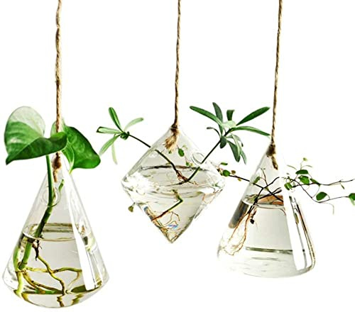 kazeRyu Irregular Geometric Glass Hanging Vase Set - 3 Pieces With Strings For Flower/Water Plants