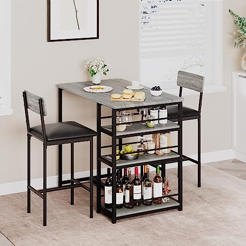 Aptliton Small Dining Chair for 2 with Upholstered Bar Stools, Counter Height Kitchen Table Set, Bar Chairs Set for Studio, Apartment, Small Spaces, Grey(1 Table + 2 chairs)