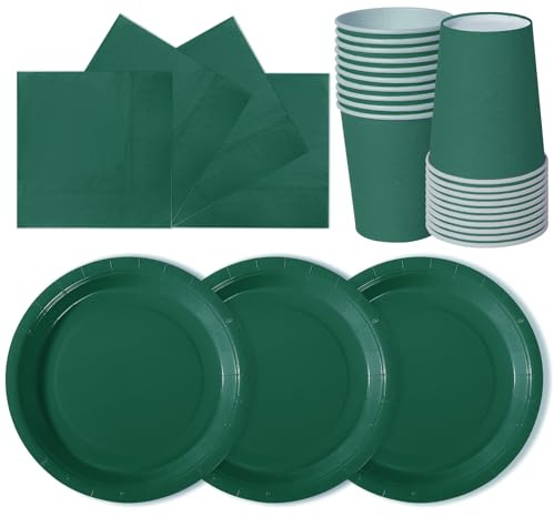 hailstones Verde Oscuro 72 Piezas de Vajilla de Papel para Cumpleaños Infantiles: Platos, Vasos, Servilletas - 24 Invitados