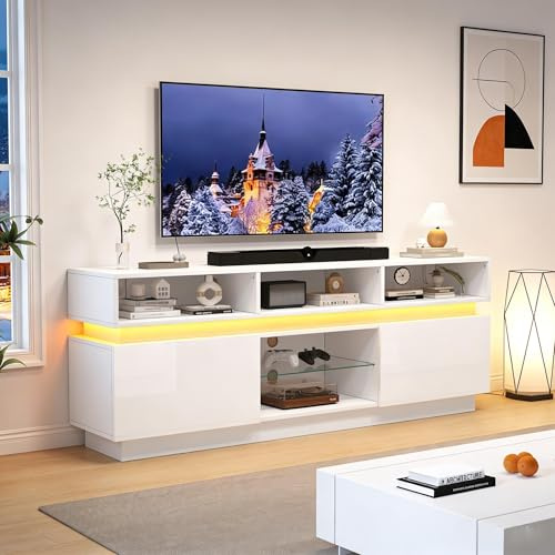 MURUL Mobile TV Lowboard 160 x 35 x 60 cm, bianco lucido, con ripiano in vetro, LED, MDF, per TV da 60 pollici, soggiorno